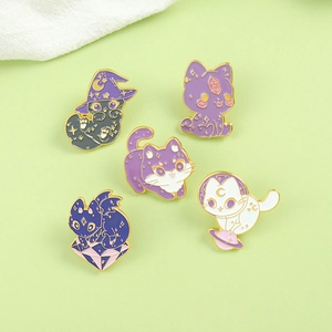 Set of five creative cartoon cat enamel pins featuring wizard cats and starry space themes