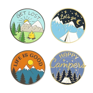 Outdoor camping enamel pin set with mountain forest themes and motivational phrases