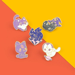 Set of 5 enamel wizard and astronaut cat pins with starry sky theme in purple and gold