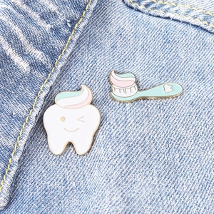 Cartoon Smiling Tooth And Toothbrush Enamel Pin Alloy Brooch For Clothes Backpack Cute Dentist Gift For Men Women Jewelry