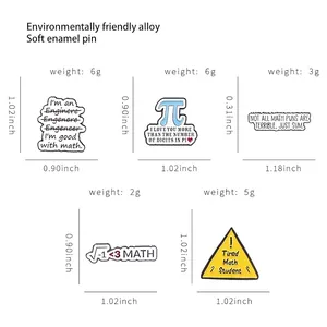 Five math and engineering themed enamel pins featuring pi and formula designs