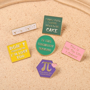 Detailed set of 6 colorful enamel lapel pins with math formulas and funny quotes