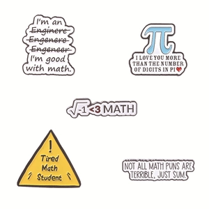 5-piece set of mathematical enamel pins featuring Pi and physics puns in zinc alloy