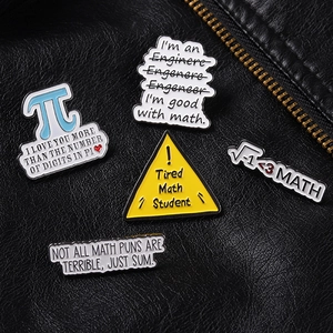 Detailed close-up of 5 math enamel pins featuring Pi and formulas on a black leather jacket