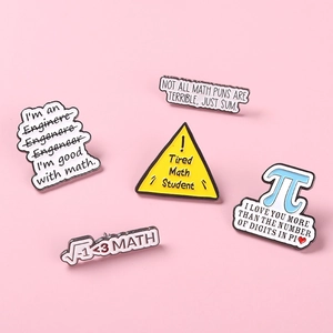 Set of 5 colorful math and engineering enamel pins with humorous symbols and quotes