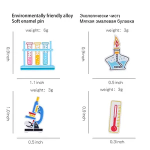 Size chart showing chemistry pins dimensions for microscope and flask enamel jewelry