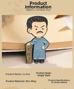 Detail of Lu Xun enamel pin in zinc alloy with humorous plaque on vintage book background