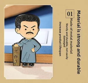 Close-up of Lu Xun enamel pin featuring a cartoon figure leaning on a sign with text