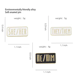 Size chart for alloy enamel pronoun pins featuring she/her, they/them, and he/him styles