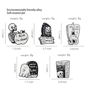5pcs set of Halloween skull and ghost enamel pins with measurement details in inches