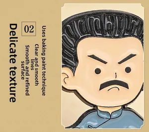 Detail of cartoon enamel pin with smooth painted finish and clear metallic lines