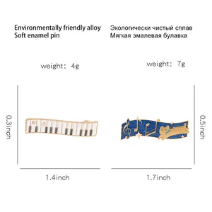 Size chart showing music piano and cat enamel pins dimensions in alloy material
