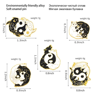 Yin Yang animal enamel pins set with sizes and weights for cats, fish, and wolves