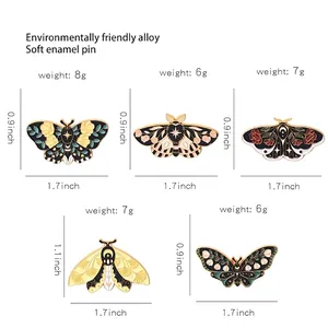 Size chart showing five colorful moth and butterfly enamel pins with weight and dimensions