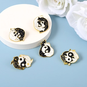 Creative Tai Chi enamel brooches featuring cat, koi fish, and wolf yin yang patterns