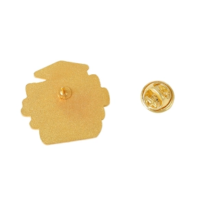 Golden metal enamel pin back with butterfly clutch and textured finish on white background
