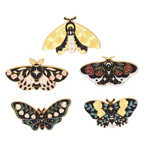Set of 5 vintage alloy enamel pins featuring moth butterfly and floral mystic designs