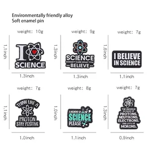 Science enamel pin collection size chart with alloy badge dimensions and weights
