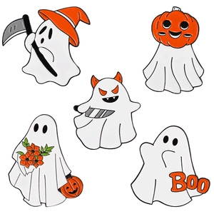 5pcs Halloween cartoon ghost enamel pin set with wizard hat and pumpkin icons