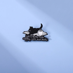 Cartoon Enamel Pin Black Cat Coffee And Books Life Is Better With Cats Alloy Brooch Women Bag Clothing Decor Pin Jewelry