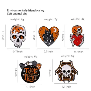 Halloween enamel pin set featuring skull heart and pumpkin designs in zinc alloy