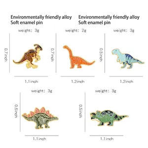 Set of 5 colorful cartoon dinosaur enamel pins with detailed size and weight specs