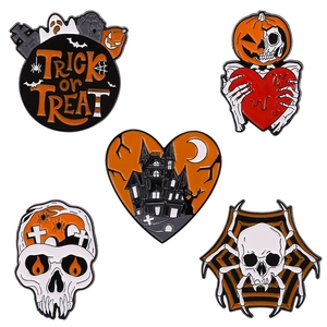 Set of 5 Halloween enamel pins featuring pumpkin, skull, and ghost themes on white background