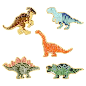 Set of five creative cartoon dinosaur enamel pins in vibrant colors with gold plating
