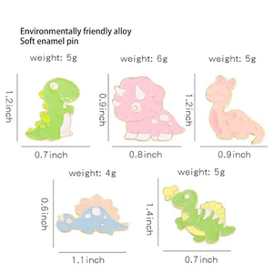 Size chart showing dimensions for five colorful alloy dinosaur enamel lapel pins