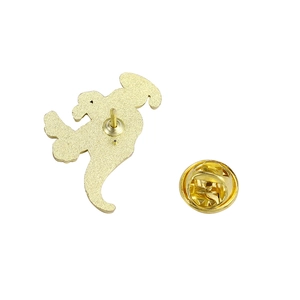 Golden cartoon character enamel pin back view with secure butterfly clutch attachment