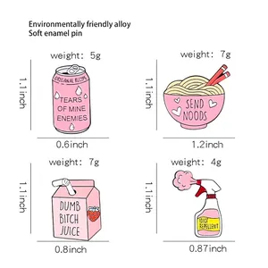 Size guide for four pink enamel pins including soda can and noodles in eco-alloy