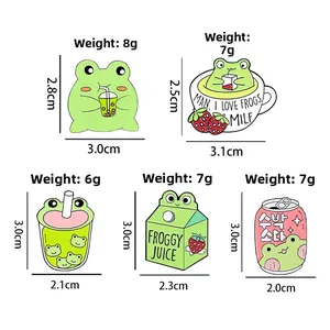 Detailed view of 5 cute green frog enamel pins with precise dimensions and weights