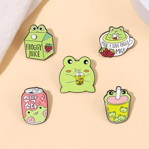 Cute Cartoon Frog Alloy Enamel Brooch Pin Funny Animal Milk Tea Juice Box Badge For Clothing Bag Accessory Women Men Kids
