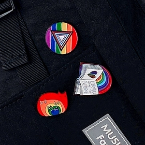 Regenbogen Emaille-Anstecknadel Set mit Katze und Buch auf schwarzem Stoff