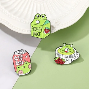 Cute enamel frog pins set featuring milk box, soda can, and coffee cup designs