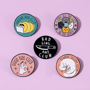 Detailed set of five cartoon enamel pins with cat club and letter themes on purple backdrop