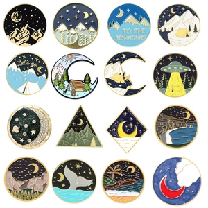 Vintage Alloy Enamel Landscape Brooch Set Star Moon Mountain Night View Pins Nature Adventure Badge Jewelry Gift For Men Women
