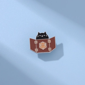 Cute black cat enamel pin with D20 dice and DM screen for D&D board game fans