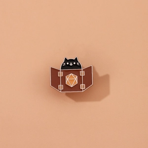 Detailed enamel pin of a black cat behind a DM screen with d20 dice for RPG fans