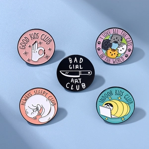 Five unique cartoon enamel pins set with cat illustrations and English slogans for bags