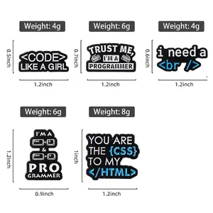 Set of five programmer enamel pins featuring geek codes and creative keyboard symbols