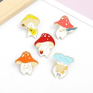 Five unique cute cartoon mushroom enamel pins set for clothing and bags decoration