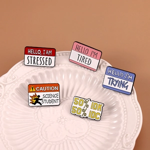 Five creative metal enamel speech bubble badges with humorous English phrases for decoration