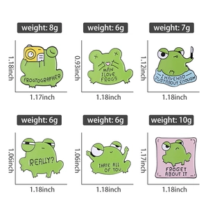 Set of 6 cartoon frog enamel pins in zinc alloy with funny character poses and text