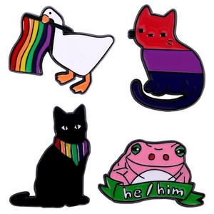 Set of four LGBTQ+ animal enamel pins featuring rainbow cats, goose, and pronoun frog