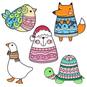 Cartoon animal alloy brooches set featuring cute fox goose and turtle designs