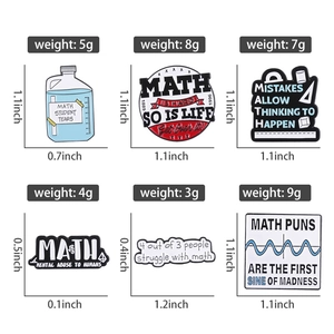 Set of six high-quality alloy math enamel pins with formula designs and humorous text