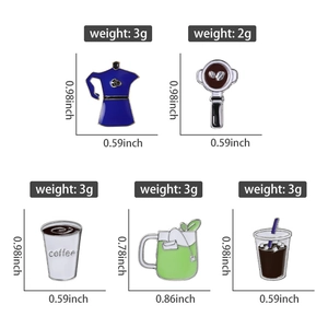 Detailed size chart for five cartoon coffee and tea enamel pins showing dimensions in inches