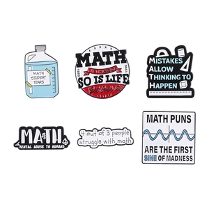Creative 6-piece set of funny math enamel pins featuring milk bottles and equations