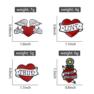Detail set of four red enamel heart pins featuring wings, ribbons, and floral designs